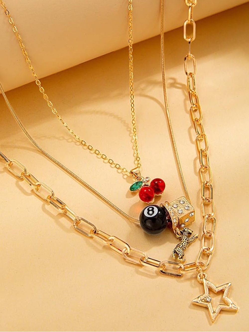 Anthropologie Gold Tone Charm Necklace Set with Red Cherry and Black 8-Ball - Picture 4 of 5